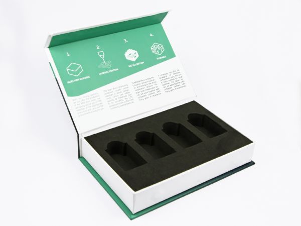 Klappbox für Industriebauteile mit vollflächigem Druck und schwarzem Inlay