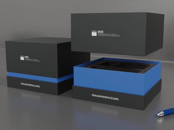 Kragenverpackung in schwarz-blau, auch in Ihrer Wunschabmessung lieferbar, Größe anpassbar, Inlay als Schaumstoff oder Papierinlay individuell erstellt